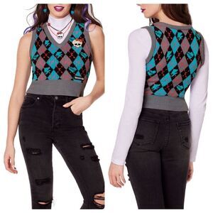 MONSTER HIGH Goth Schoolgirl Alumni Sweater Argyle Vest Embroidered Skull Sz XL